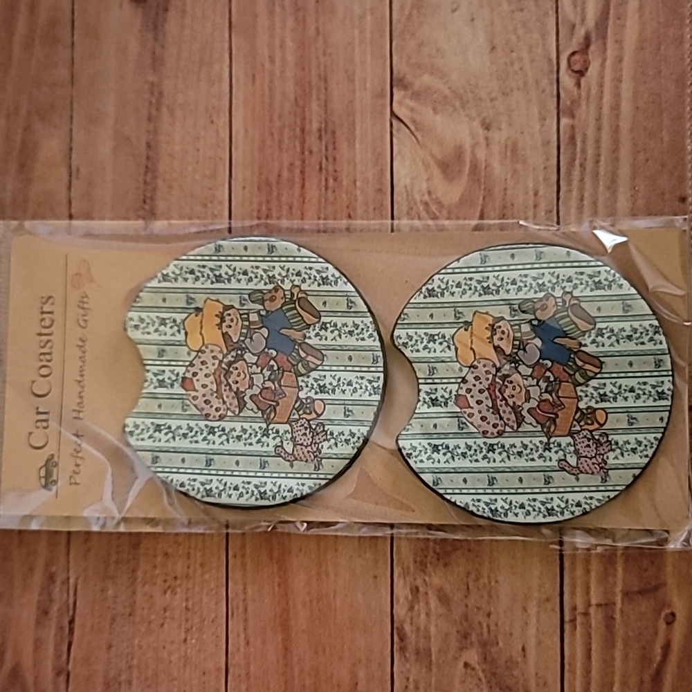 Strawberry Girl And Boy Handmade Reuseable Set of 2 Car Cup Holder Coasters